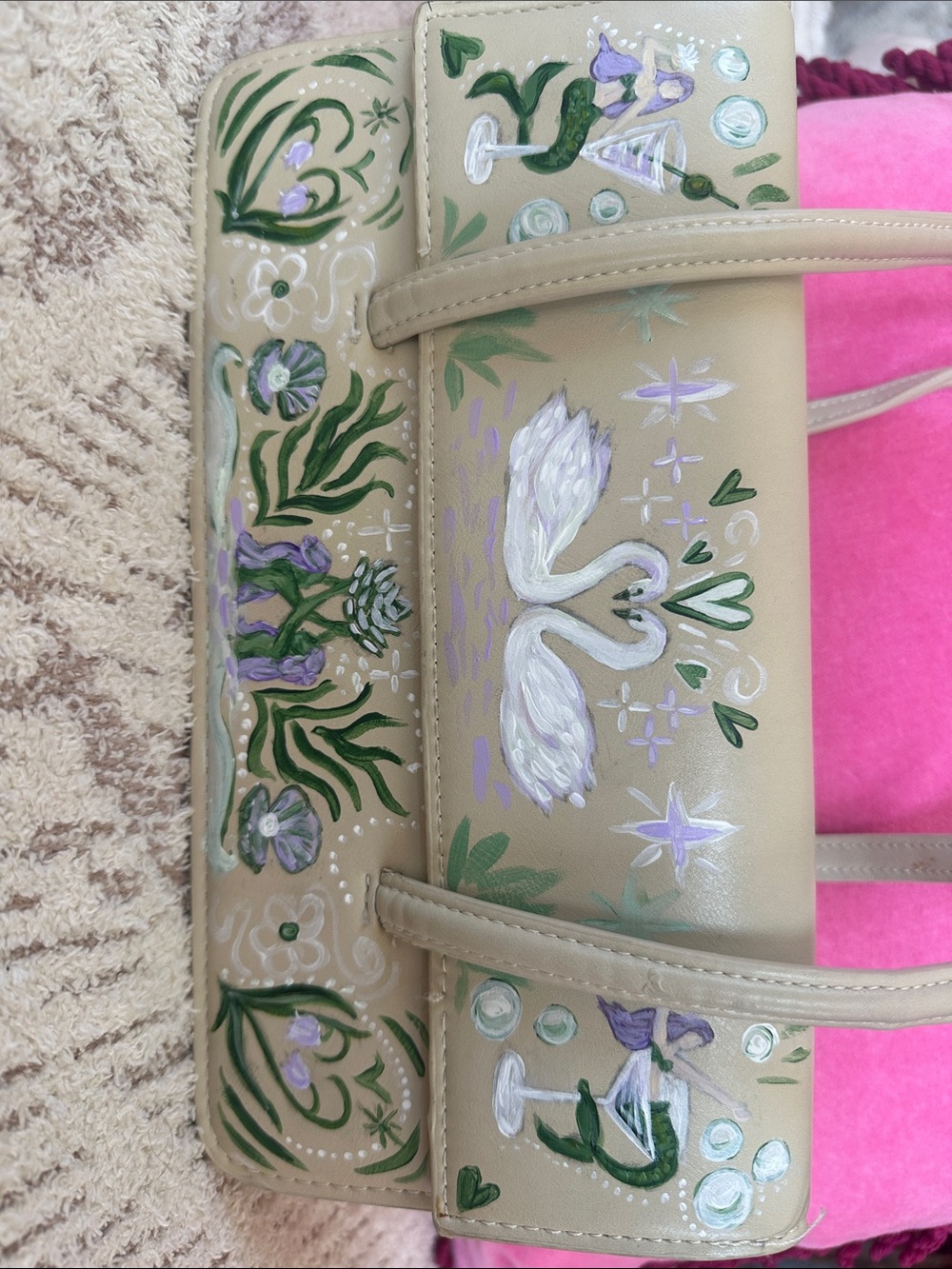 Mermaid Swan Art Bag Vintage MNG Hand Painted Vegan Leather - Picture 13 of 16